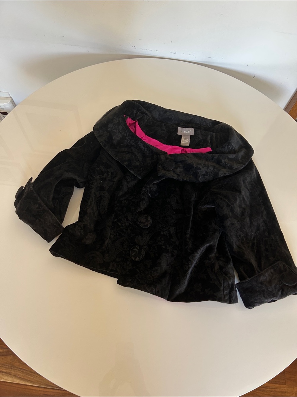 Kenar Black Velvet woman’s Coat with Pink Lining. 3/4 sleeve length